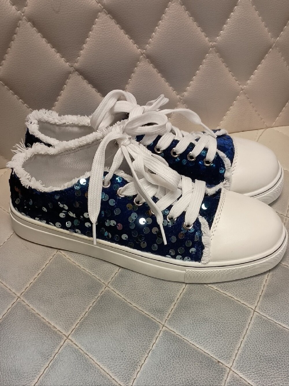 Royal Blue Sequin Low-Top Sneakers with White Laces